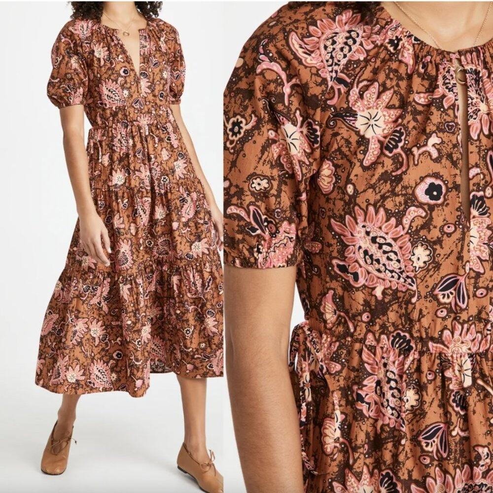 A.L.C. Mischa Printed Midi Dress in Cognac/Coral - Picture 2 of 9